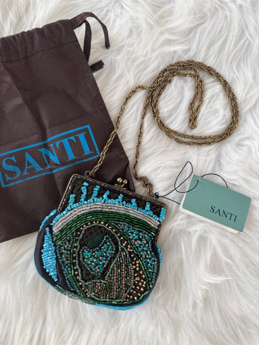 NWT SANTI Made in India Beaded Coin Purse with Crossbody Chain